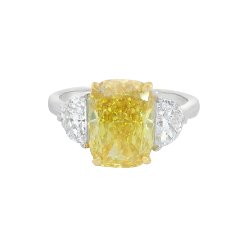 2.91ct Fancy Yellow Cushion Cut Solitaire Grown Diamond + Pear Shape Grown Diamond on Shoulder Ring