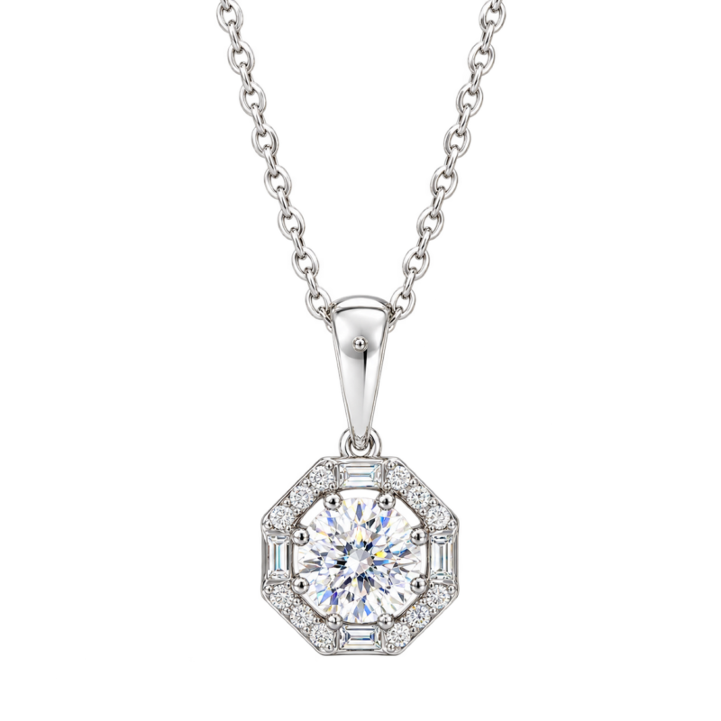 Octagonal Diamond Halo Pendant Necklace